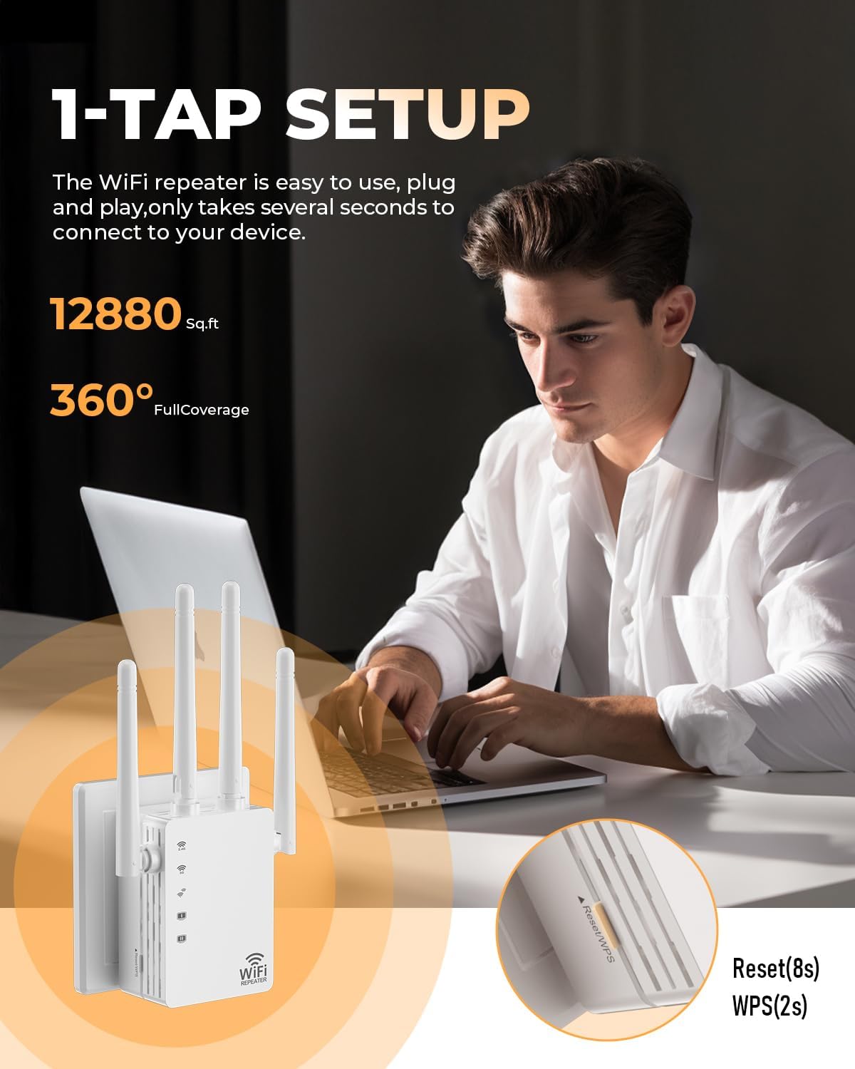 Dual Band 5GHz/2.4GHz WiFi Extender with Ethernet Port, 4 Rotatable Antennas WiFi Extender Signal Booster, WiFi
