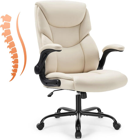 Ergonomic Office Chair - Heavy Duty Task Desk Chair with Flip-up Armrest, PU Leather, Height Adjustable & Swivel