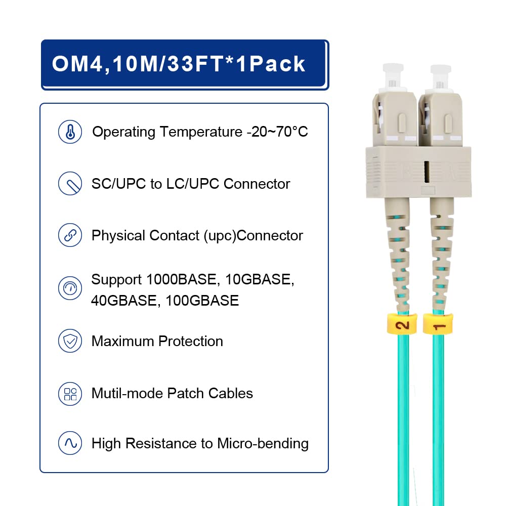 OM4 SC to LC Multimode Fiber Patch Cable 10M/33ft