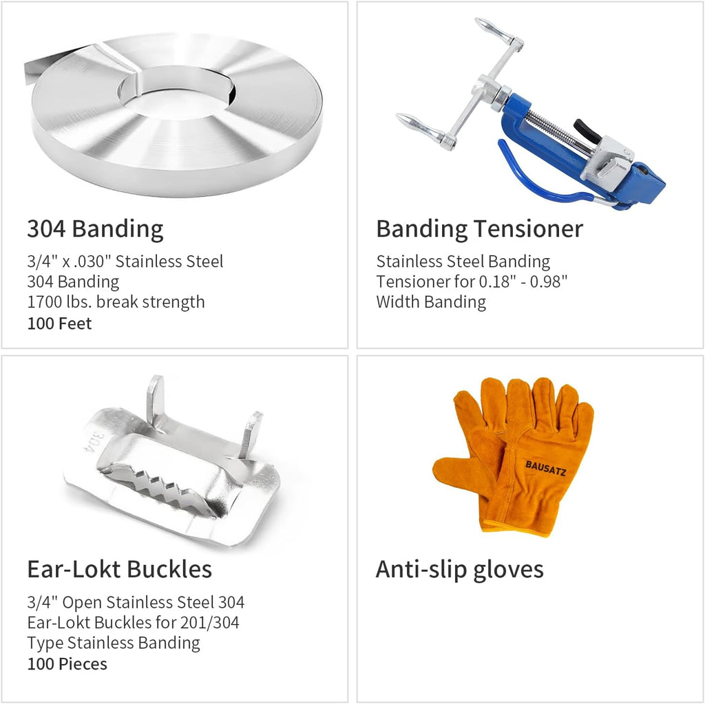 Banding Strapping Kit - Stainless Steel Banding Coil (3/4" x 100ft x 0.03") & Ear-Lokt Buckles (100pcs) - Silver