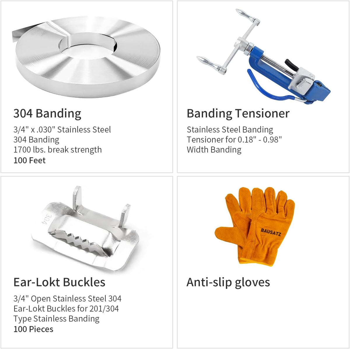 Banding Strapping Kit - Stainless Steel Banding Coil (3/4" x 100ft x 0.03") & Ear-Lokt Buckles (100pcs) - Silver