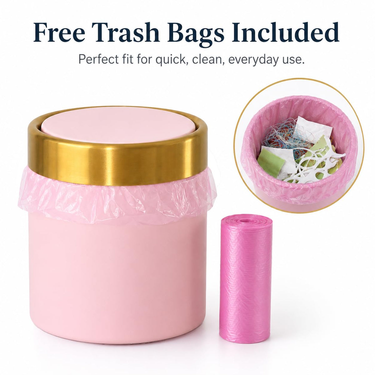 Pink Mini Trash Can with Swing Lid, 0.4 Gal Metal Countertop Bin