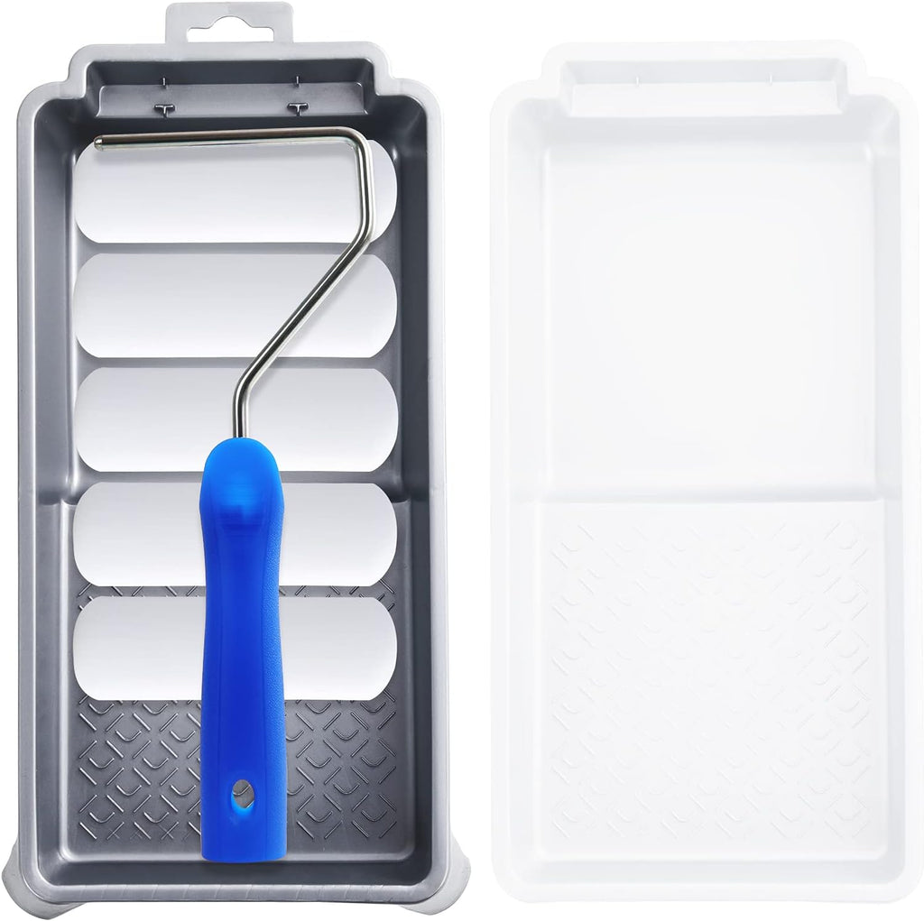 4 Inch Foam Paint Roller Kit, 8 Pack - Mini Roller Set with 4” Small Roller Covers, Frame, Tray & Liner for Smooth