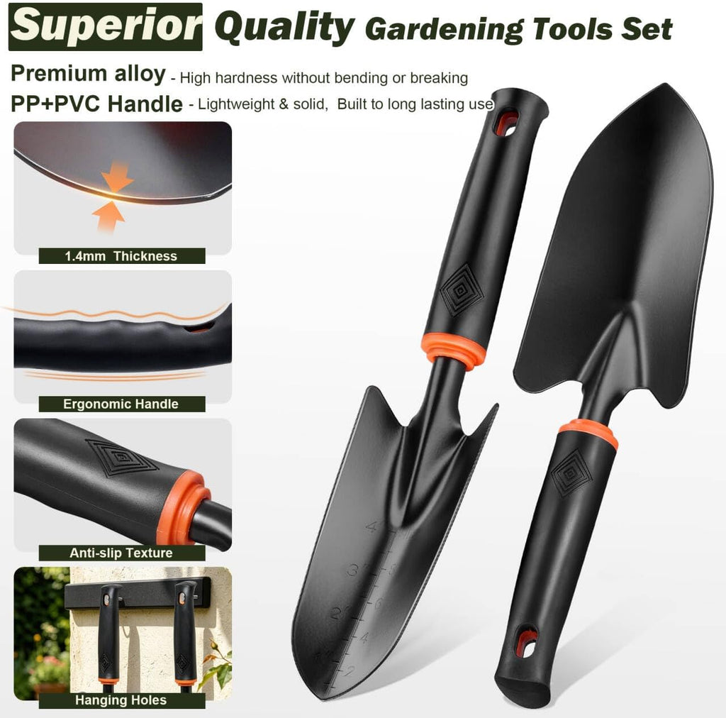 Gardening Tools, 12 Pcs Heavy Duty Garden Tools Set with Repotting Mat, Transplant Shovel, Hand Rake, Pruning Shears