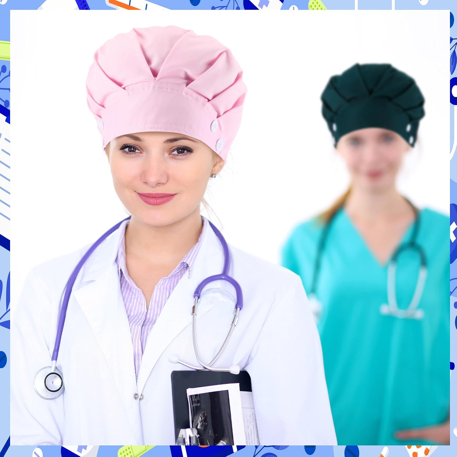 12 Pcs Bouffant Nurse Caps with Button Sweatband Adjustable Scrub Cap Elastic Surgical Tie Back Hat for Women Men