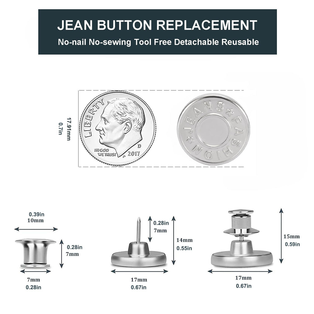 [Upgraded] 8 Sets Jean Buttons pins No Sew Instant 17mm Replacement Button Adjustable Pants Buttons Kit