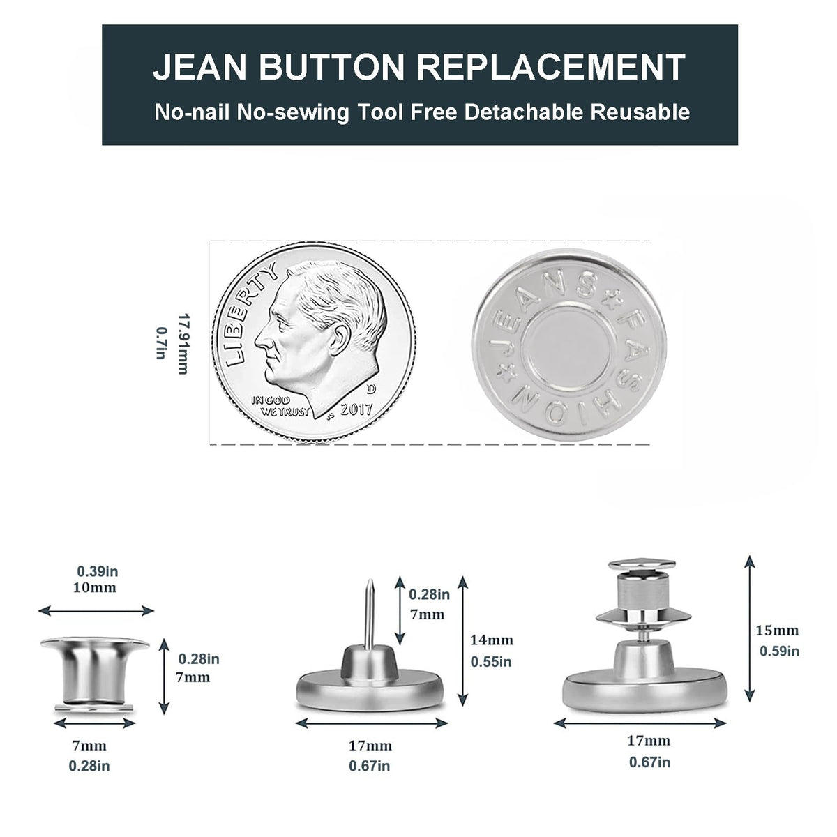 [Upgraded] 8 Sets Jean Buttons pins No Sew Instant 17mm Replacement Button Adjustable Pants Buttons Kit