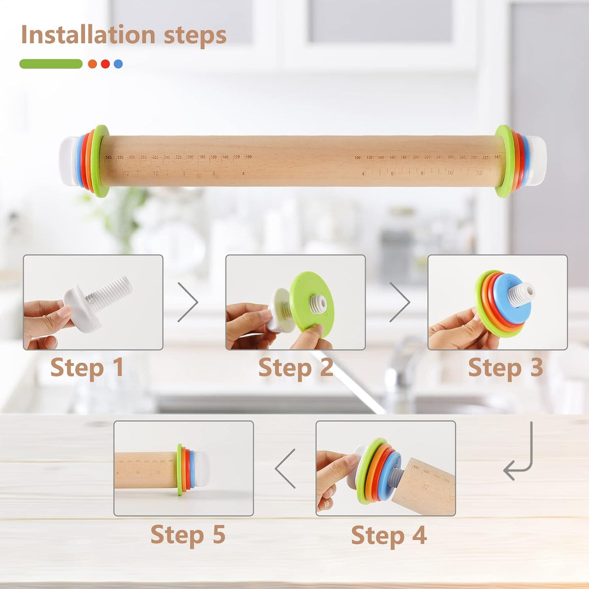 Wood Rolling Pin With 4 Adjustable Thickness Rings, Non-stick Dough Roller For Baking, 17 Inch Pizza Roller For