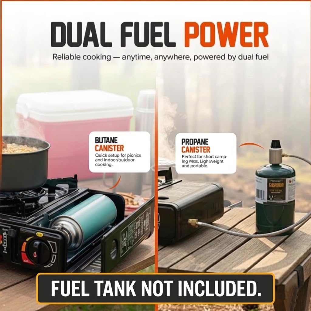 Portable Camping Stove, 3000W Dual Fuel Butane & Propane Gas Stove, Automatic Ignition, Adjustable Flame Control