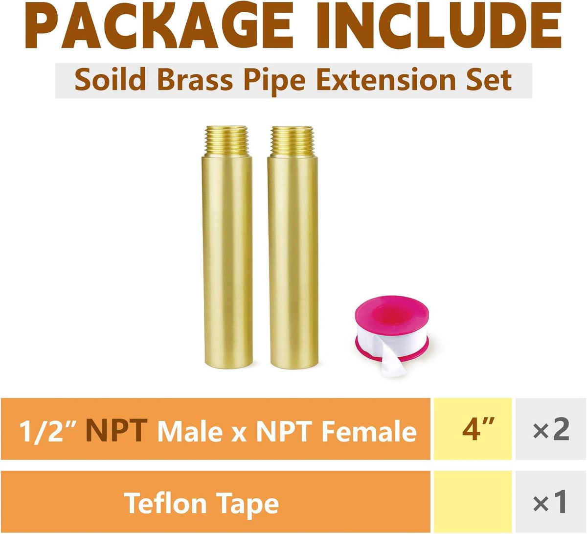 4" Length Brass Pipe Extender, 1/2" NPT Thread Pipe Fittings Long Nipple