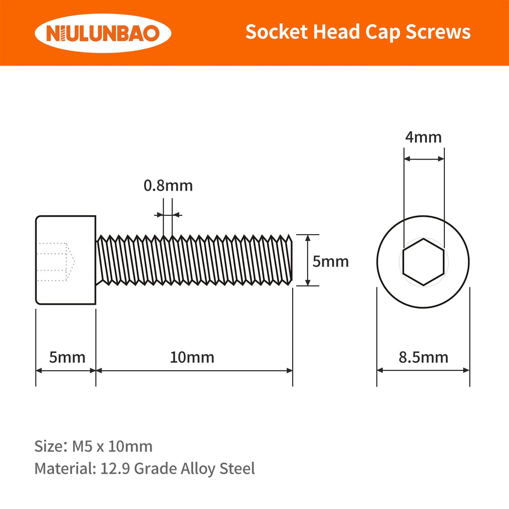 M5-0.8 x 10mm Hex Socket Head Cap Screws Bolts 12.9 Grade Alloy Steel, Black Oxide Finish, Metric Allen Hex Drive, Machine Fully Threaded 100PCS