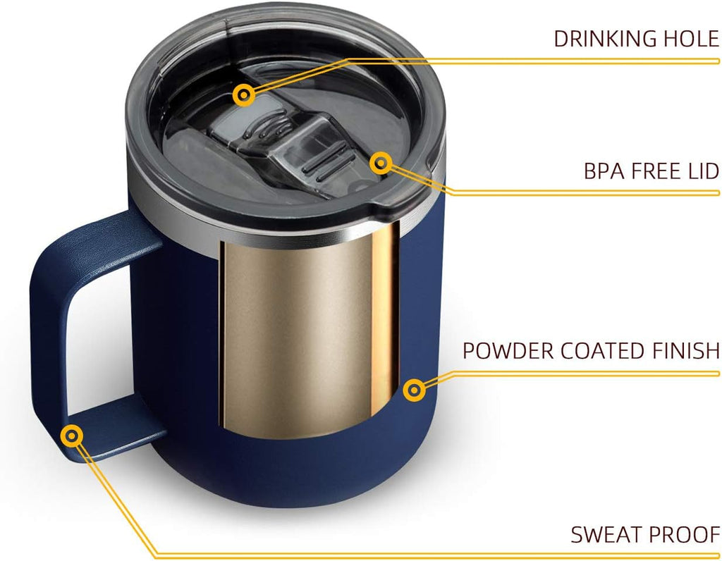 12 oz Insulated Travel Coffee Mug with Handle, Navy | Stainless Steel Coffee Tumbler with Lid, Double Wall Vacuum