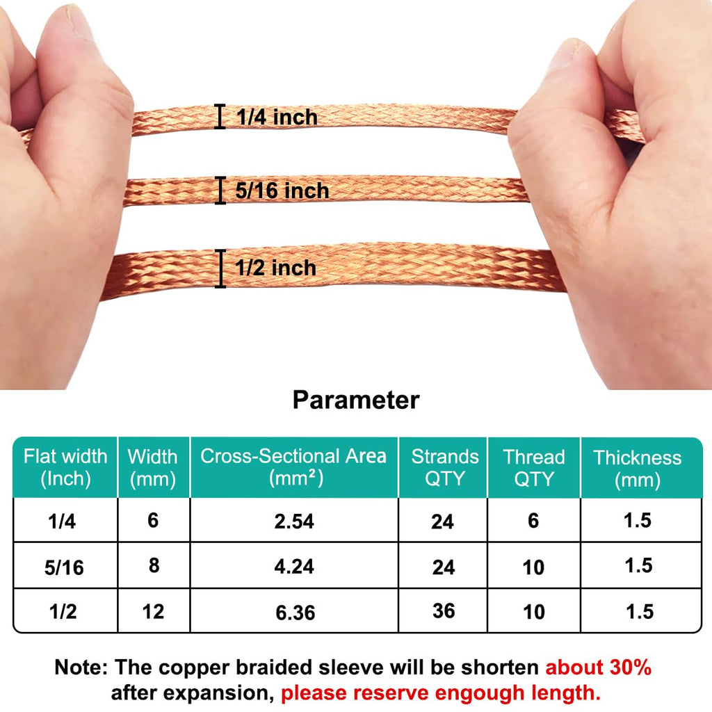 9.84ft Flat Copper Braided Ground Strap with Rings Terminal for Protect Wire