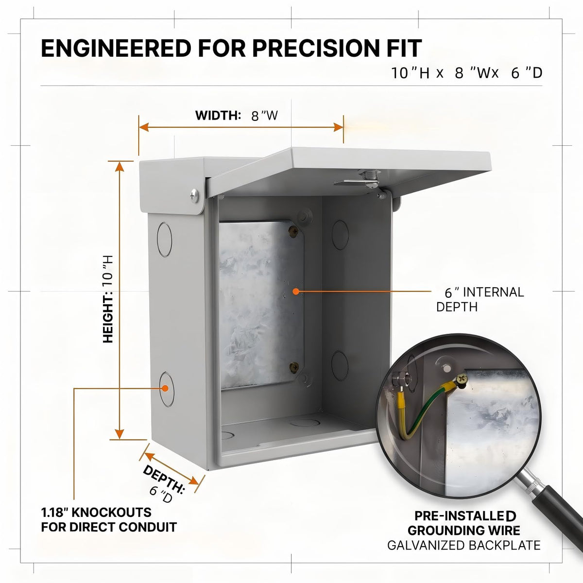 10x8x6in NEMA 3R Electrical Junction Box 0.8mm Steel for Security