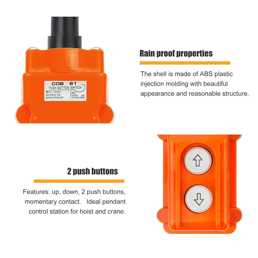 2 Ways Hoist Crane Push Button Switch Rainproof COB-61, 250V, 5 Amp, 500V, 2 Amp, Orange Up Down Switch with Rubber Cable Barrel