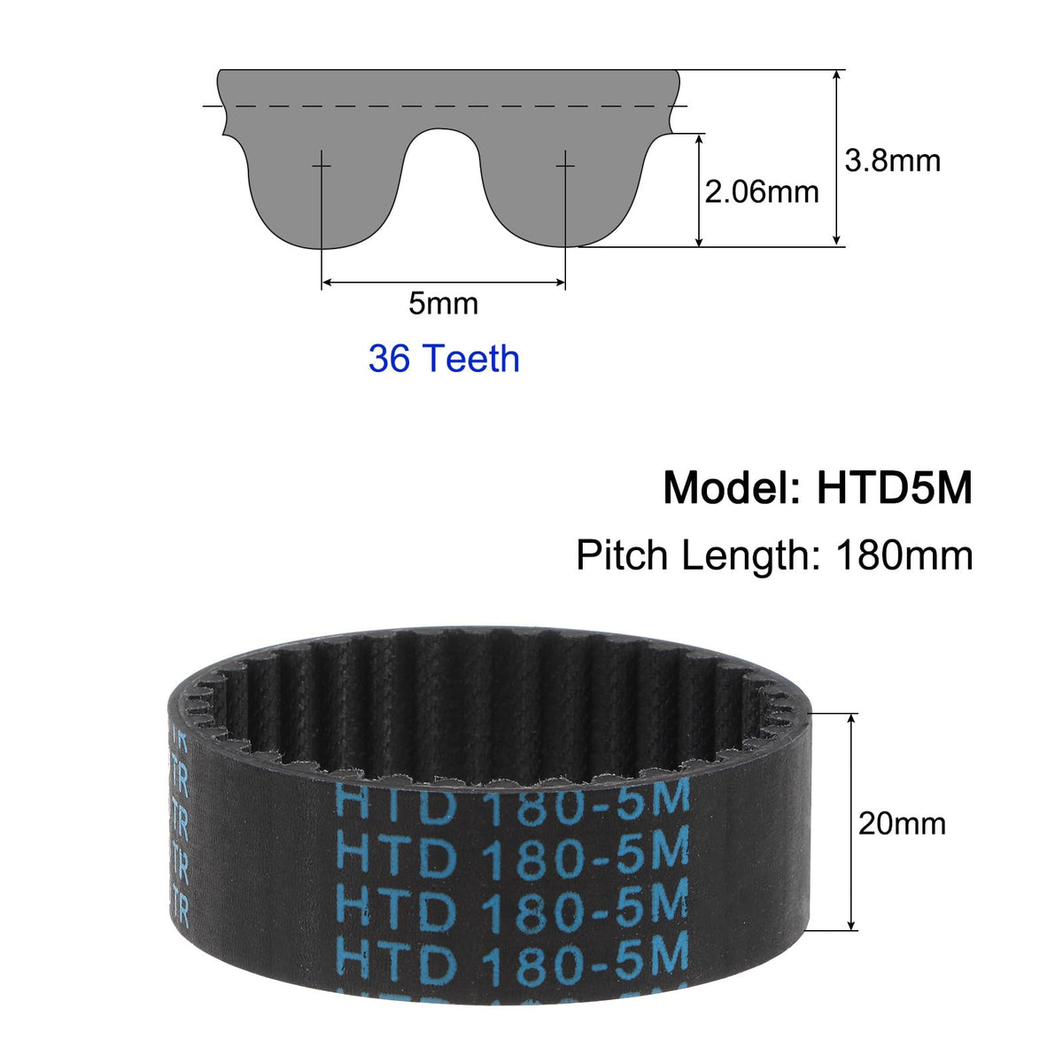 uxcell HTD-5M Rubber Timing Belt 180mm Pitch Length x 20mm Width x 3.6mm Height, 36 Teeth Closed Loop Pulley Timing Belt, 5mm Pitch