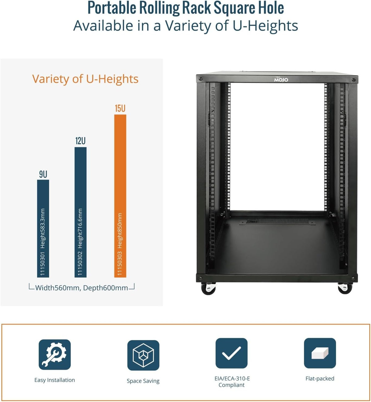 Tecmojo 15U Portable Rolling Network Rack, 4-Post Mobile Open Frame Server Rack with Wheels, Free Standing Server Cabinet for Computer/Data/AV/IT Equipment/Network Equipment