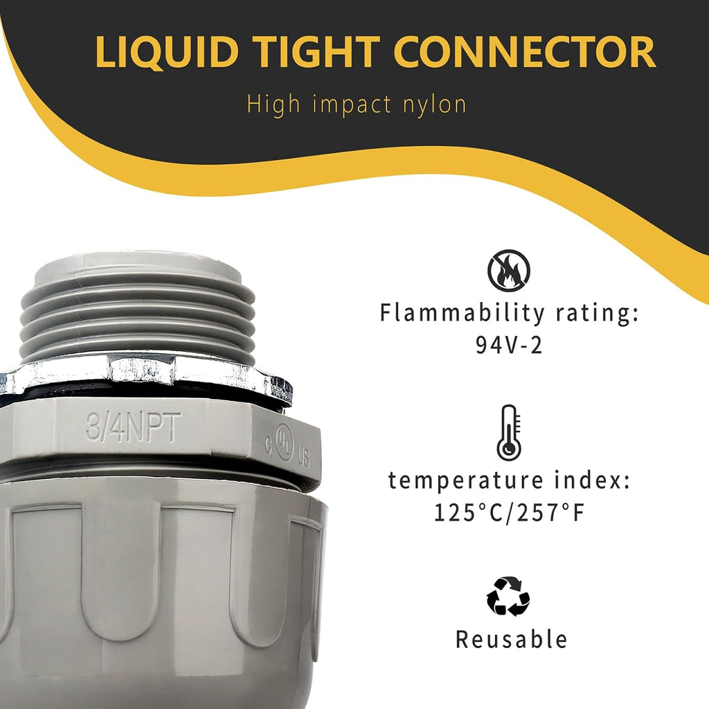 Conduit Connectors, 3/4 Inch, Straight, Grey, 5-Pack | Liquid Tight Connector, NPT, Non-Metallic