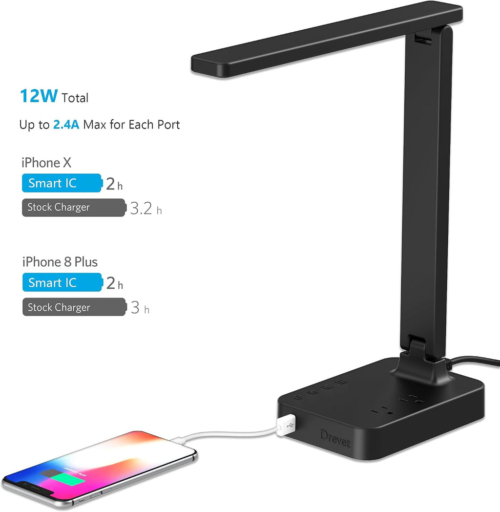 LED Desk Lamp for College Dorm Room, Desk Light with 1 USB Charging Port 2 AC Power Outlet, 3 Lighting Modes, 3 Level