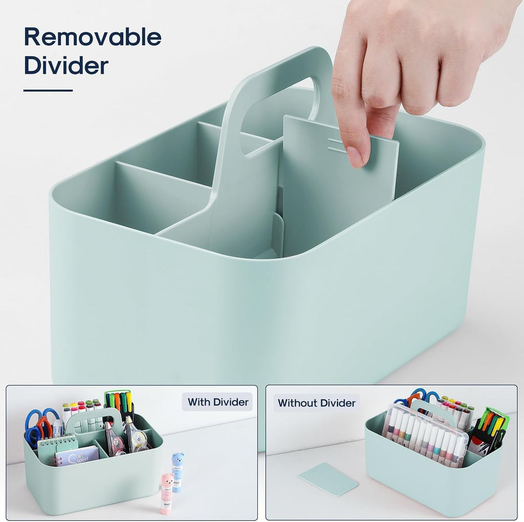 Multiuse Caddy Organizer with Handle, Portable Divided Plastic Tote Bin - Art Craft, Stationary Pen Marker Crayons