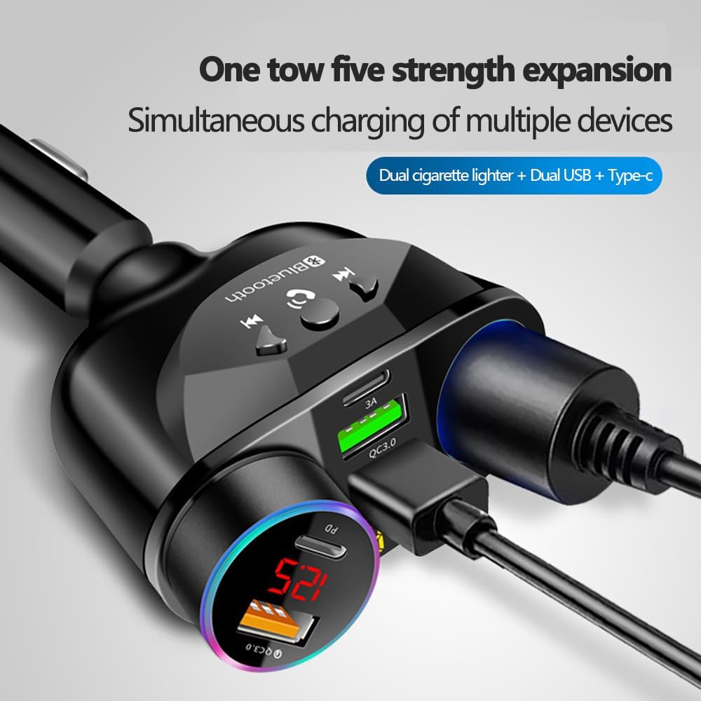 12-24V Car Cigarette Lighter Splitter, Bluetooth5.0 Adapter for Car [Voltage Detection], 2-Socket Cigarette Lighter