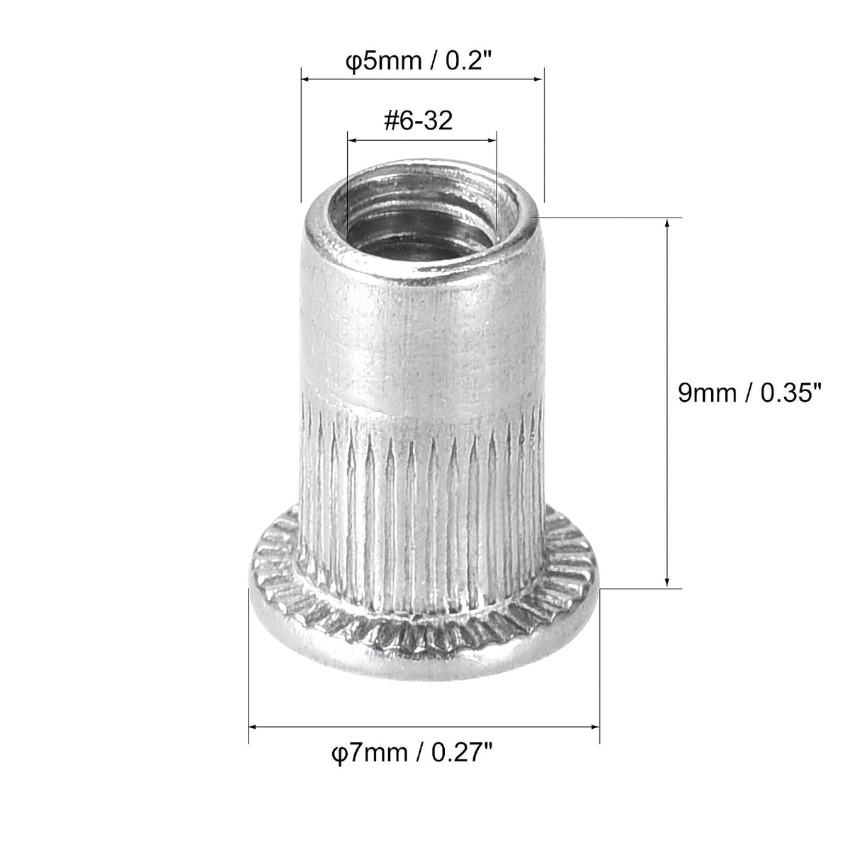 uxcell #6-32 Rivet Nuts Aluminium Alloy Knurled Flat Head Threaded Insert Nut Silver 50pcs