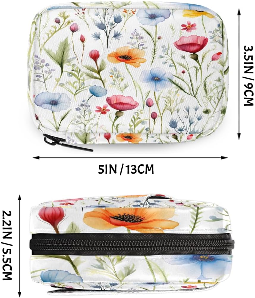 Colorful Wildflower Floral Pattern Pill Organizer Travel Medicine Case with Zipper Daily Vitamin Storage Bag Portable