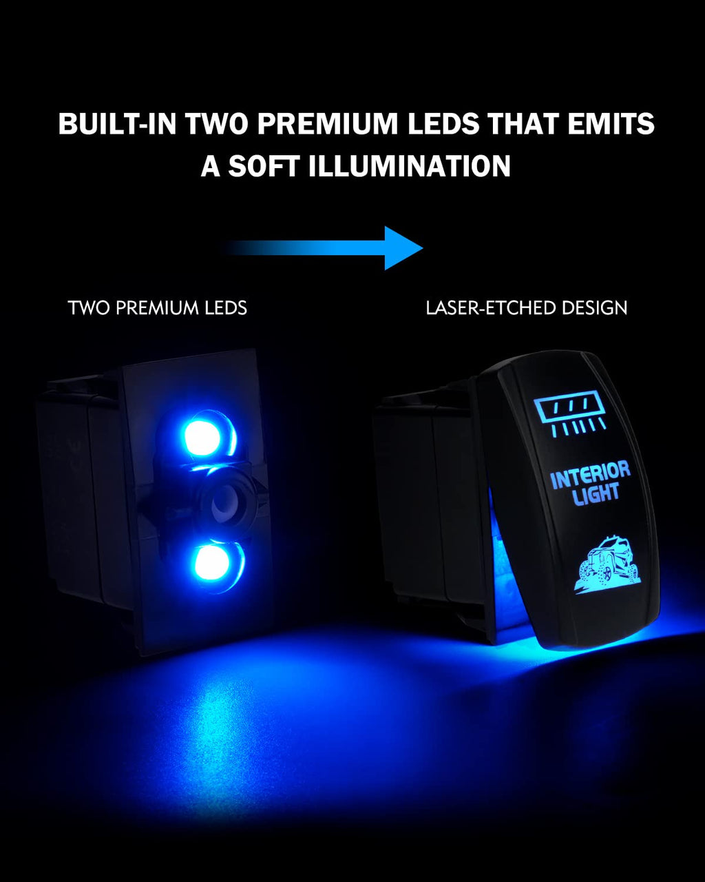 5 Pin Rocker Switch w/Laser Blue Lighting Compatible with Xprite UTV Rear View Center Mirror with Interior Lights