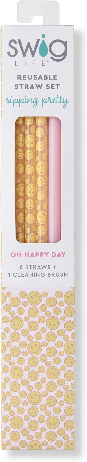 Reusable Straw Set with Cleaning Brush, Oh Happy Day + Pink | Reusable Straw Set - Cleaning Brush Included - 14 Inch