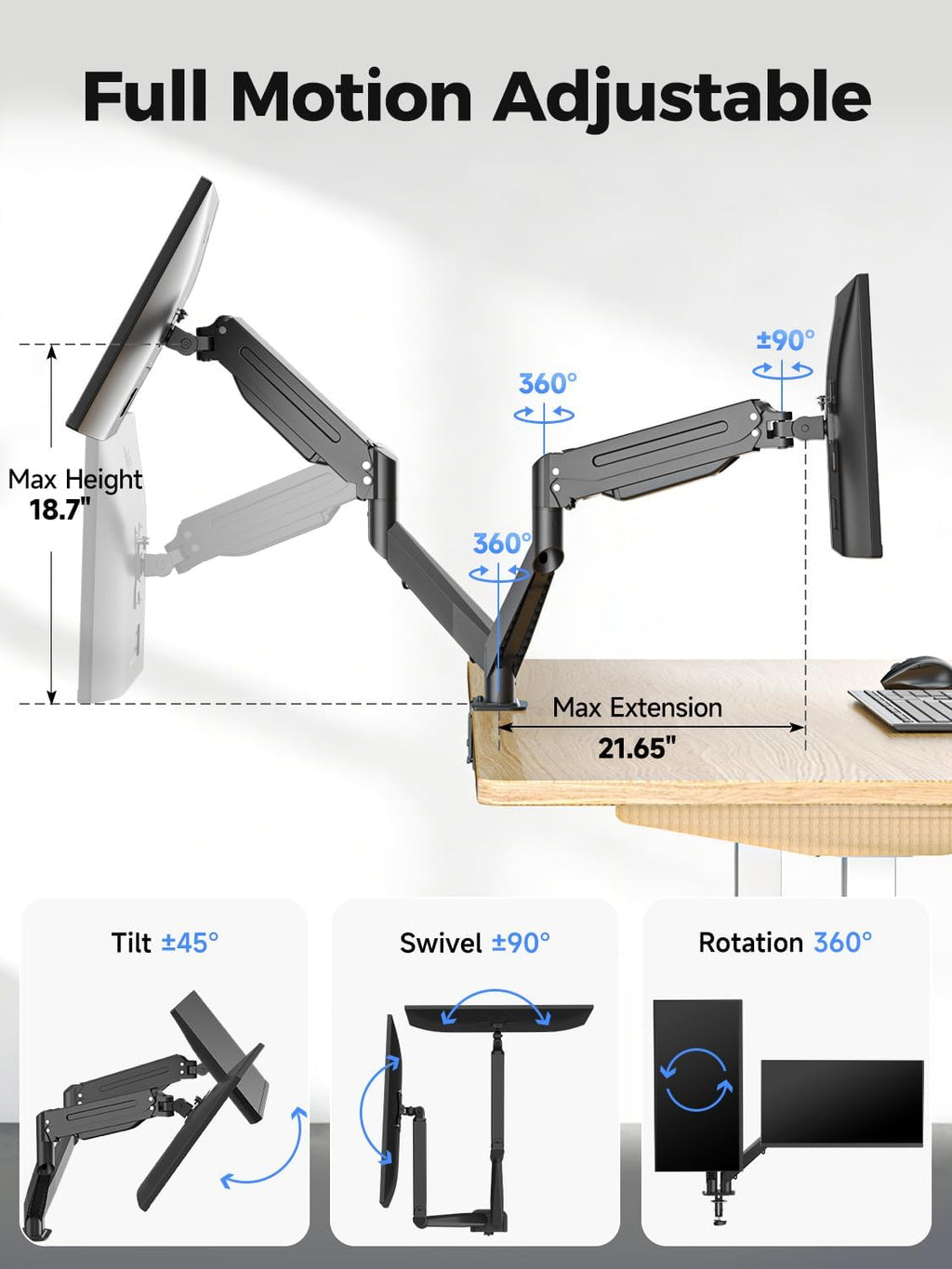 Dual Monitor Mount Stand-Height Adjustable Gas Spring Monitor Arm Desk Mount for 2 Computer Screens 17 to 35 inches