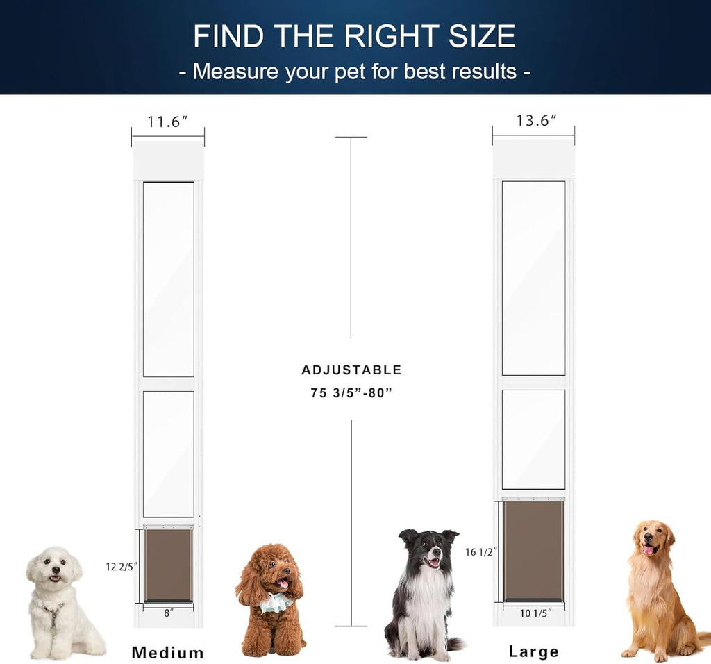 Dog Door for Sliding Glass Door, Adjustable Height 75 3/5" to 80", Aluminum Frame Sliding Door Dog Door Insert