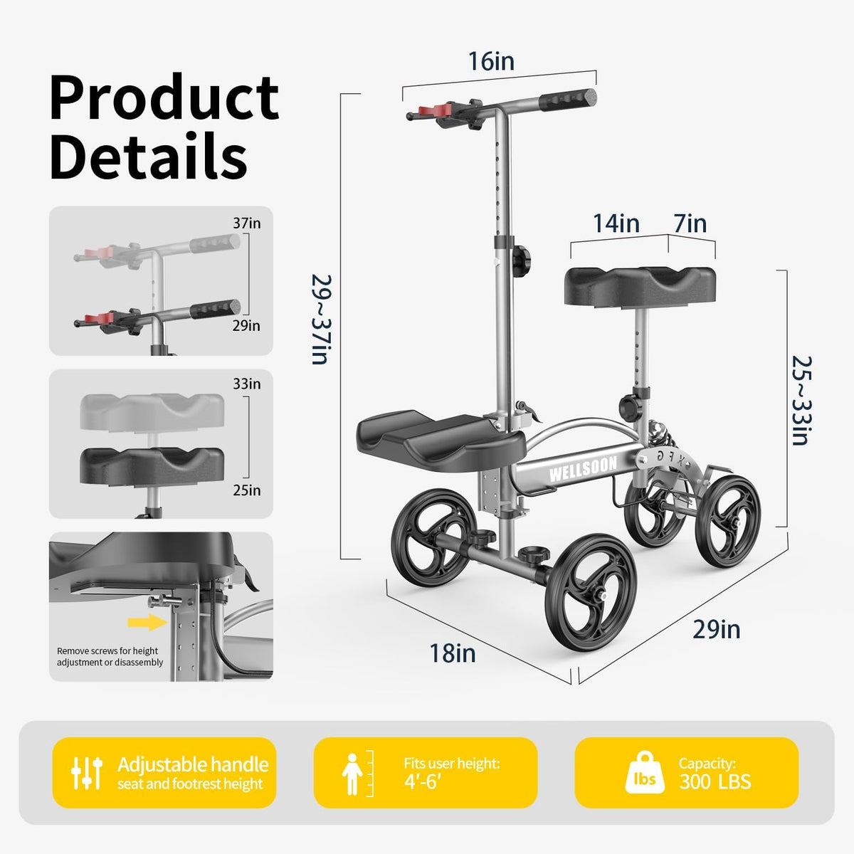 Knee Scooter Foldable Knee Scooter for Adults for Foot Surgery with Bag Steerable Knee Walker with Adjustable