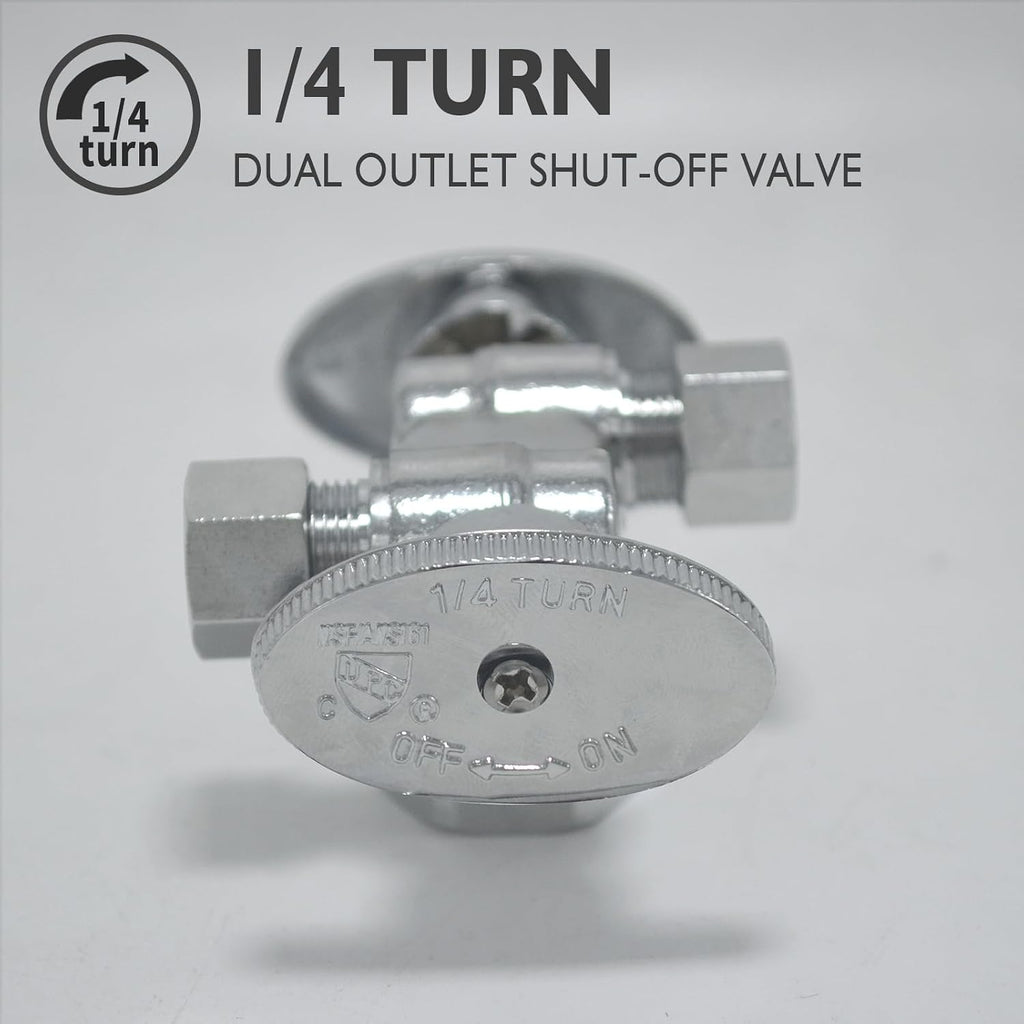 TTFLEX Dual Shut Off Valve 1/2" NOM x 3/8" COMP x 3/8" COMP, Quarter Turn | Double Shut Off Valve Kitchen Sink, Water