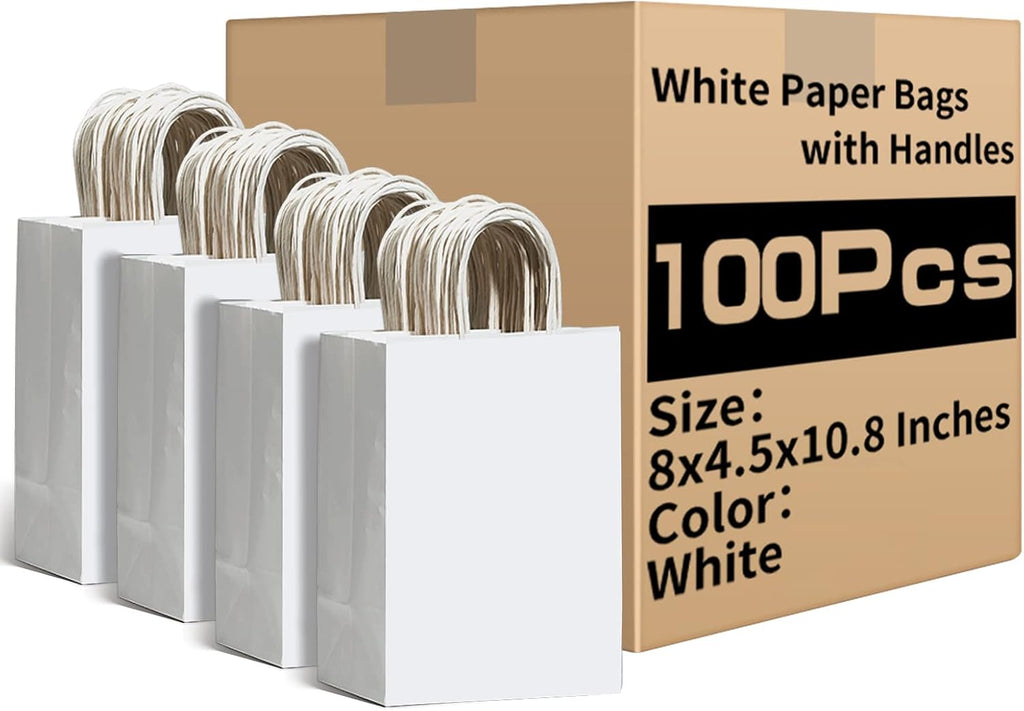 White Gift Paper Bags 100 Pack 8x4.5x10.8 in Medium with Handles