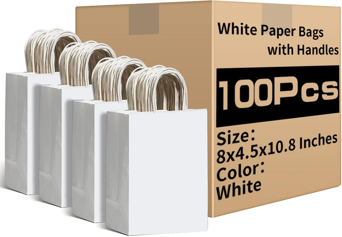 White Gift Paper Bags 100 Pack 8x4.5x10.8 in Medium with Handles