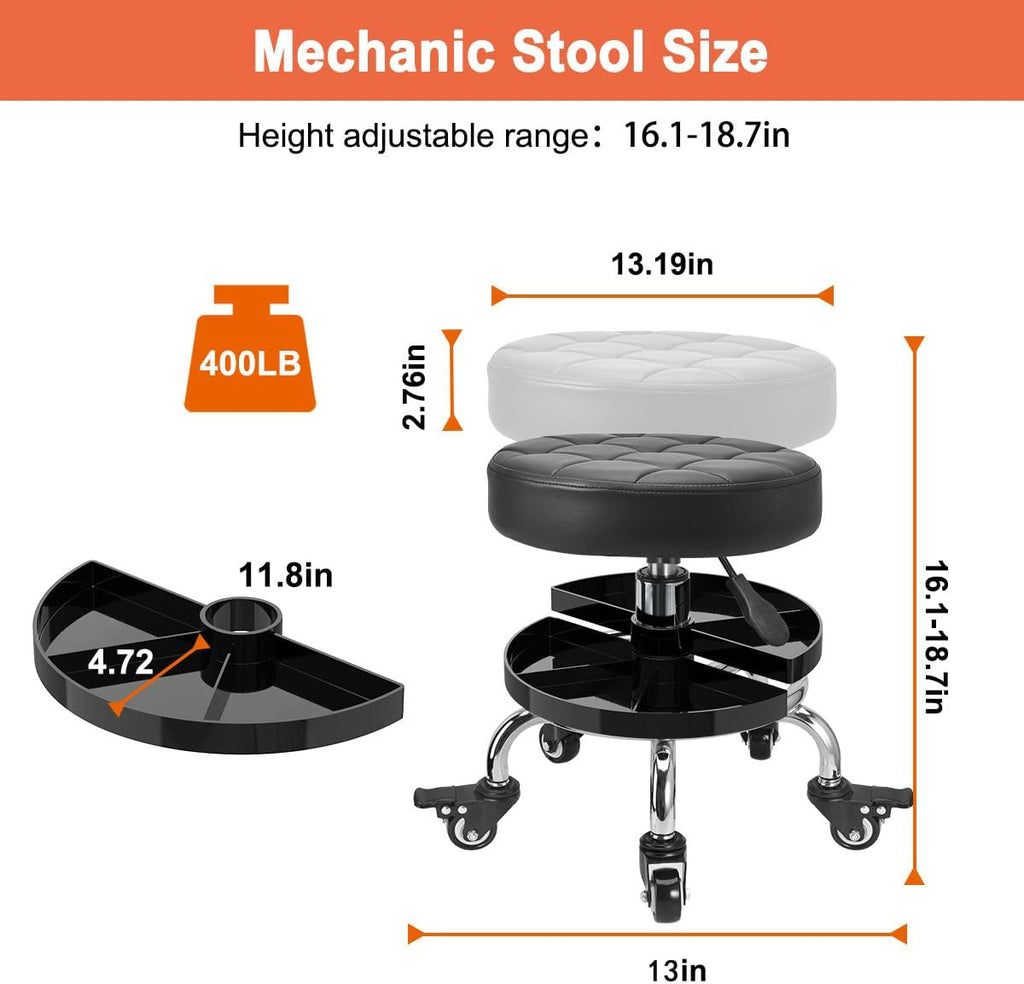 Garage Mechanic Stool with Storage Tray,Low Height Rolling Shop Stools, Rolling Mechanics Seat Chair Height