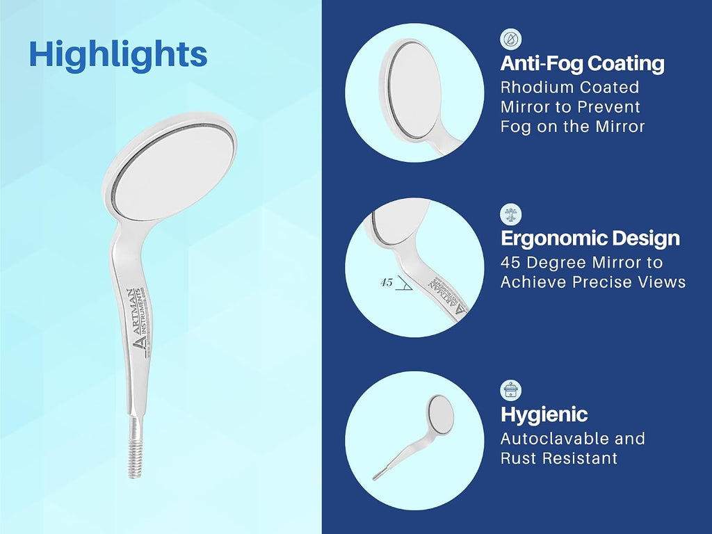 Double Sided Cone Socket Dental Mouth Mirror Front Surface Pack of 7 Stainless Steel Autoclavable Dental Mirrors