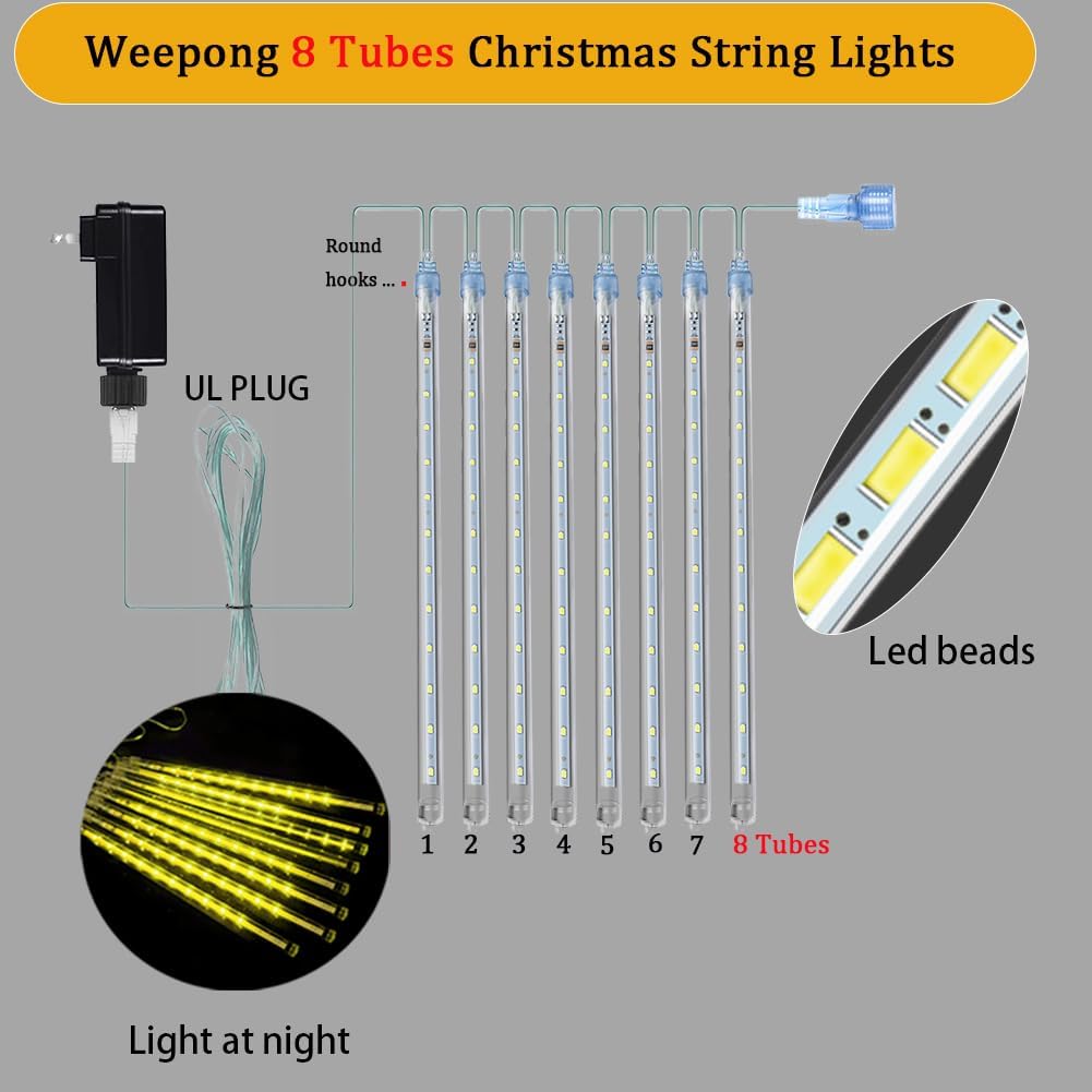 Christmas Lights Outdoor Falling Rain Meteor Shower Lights 12 inch 8 Tube 192 LED Snowfall Icicle Cascading String