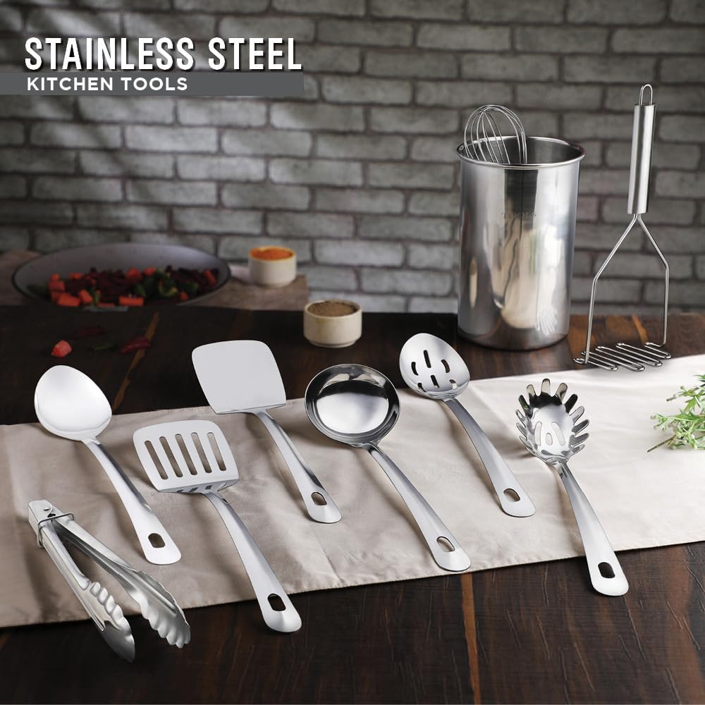 Premium Set of 10 Stainless Steel Kitchen Tool Set with Holder Easy To Clean, Space Saving, Great for Cooking