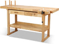 60" Wood Workbench, Heavy Duty w/Adjustable Handle, Workshop | 500Lbs Load Capacity, Woodworking Bench, Natural Wood