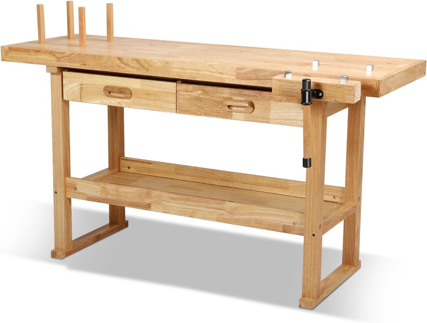 60" Wood Workbench, Heavy Duty w/Adjustable Handle, Workshop | 500Lbs Load Capacity, Woodworking Bench, Natural Wood