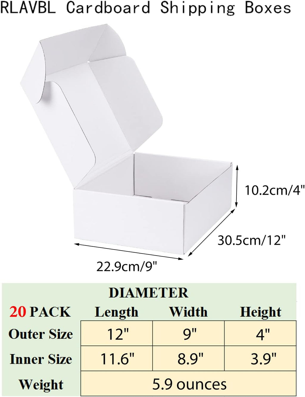 12x9x4 Inches Shipping Boxes Set of 20, White Corrugated Cardboard Box, Mailer Boxes for Small Business