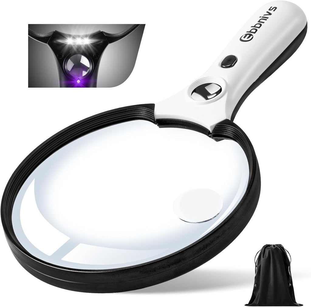 Large Magnifying Glass with Light, Magnifier Handheld Illuminated Lighted Magnifier with 3 LED Lights 1 UV Light