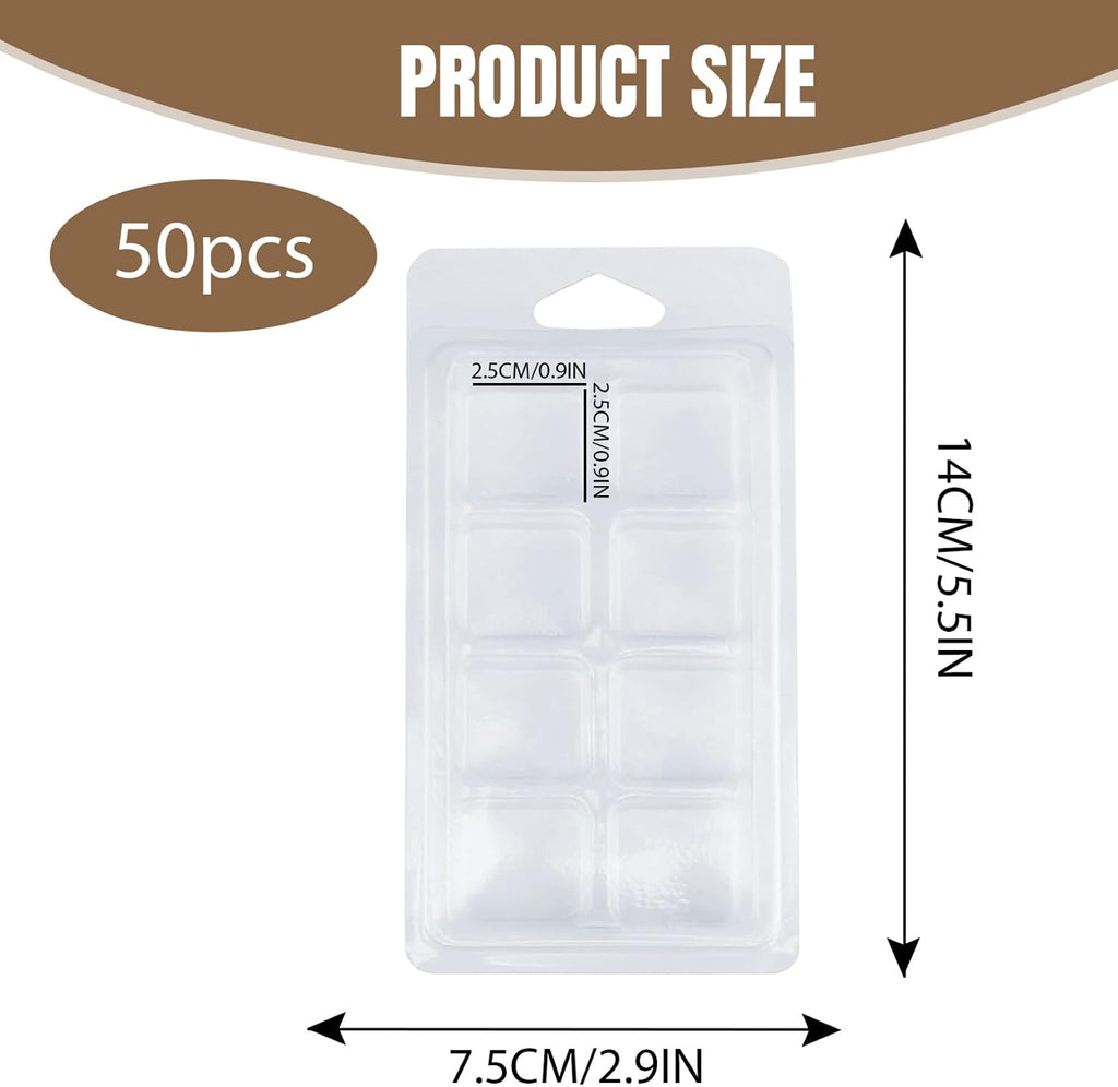50 Packs Wax Melt Molds, Clear Wax Melt Clamshells Empty Plastic Containers 8 Cavity Plastic Cube Tray for Wickless