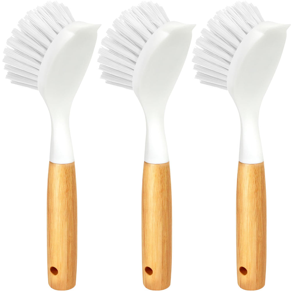3 Pack Dish Brush with Bamboo Handle Cleaning Brush,White