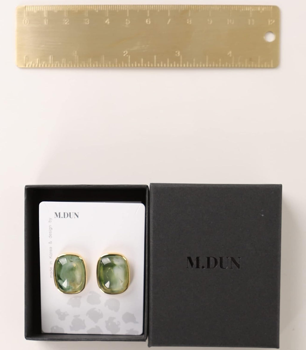 Round Edges Rectangle Shape Studs Earring. Abalone Amber Turquoise Resin Stone Design, 18k Real Gold Plated Bezel