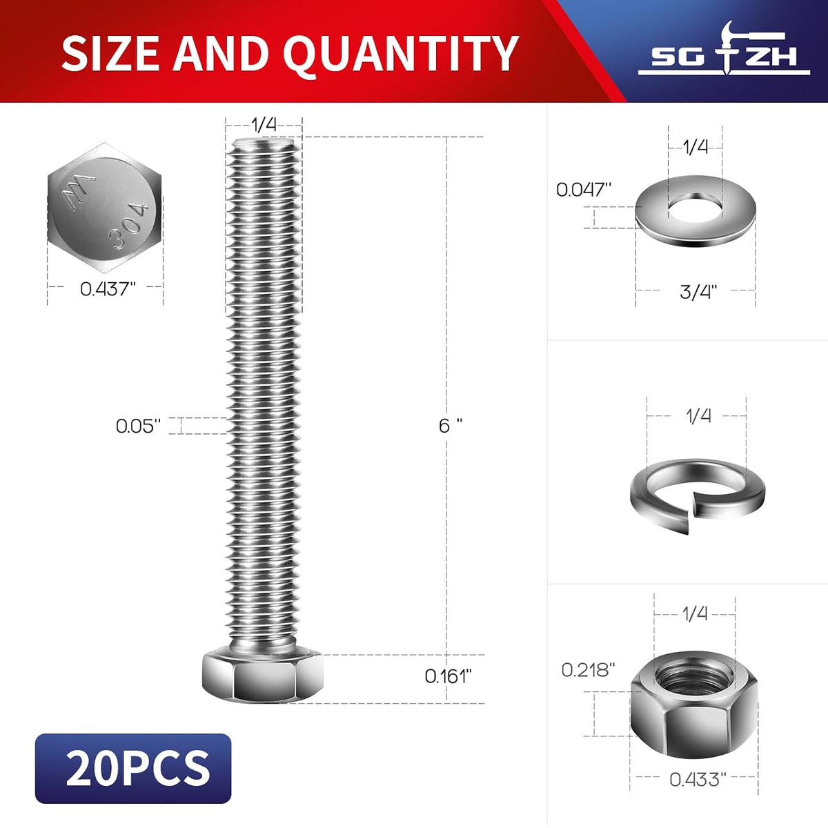 1/4-20 x 6 Hex Head Screw Bolt, Nuts, Flat & Lock Washers, 20Pcs 18-8 (304) Stainless Steel, Fully Threaded, by SG TZH