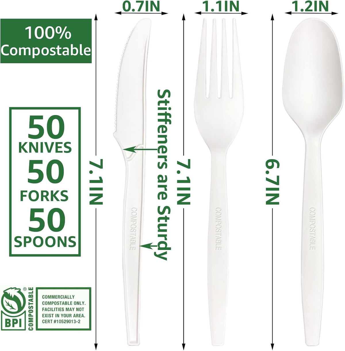 150-Count Compostable Utensils Set - Heavy Duty BPI Certified, Plastic-Free Disposable Forks, Spoons, Knives for BBQ