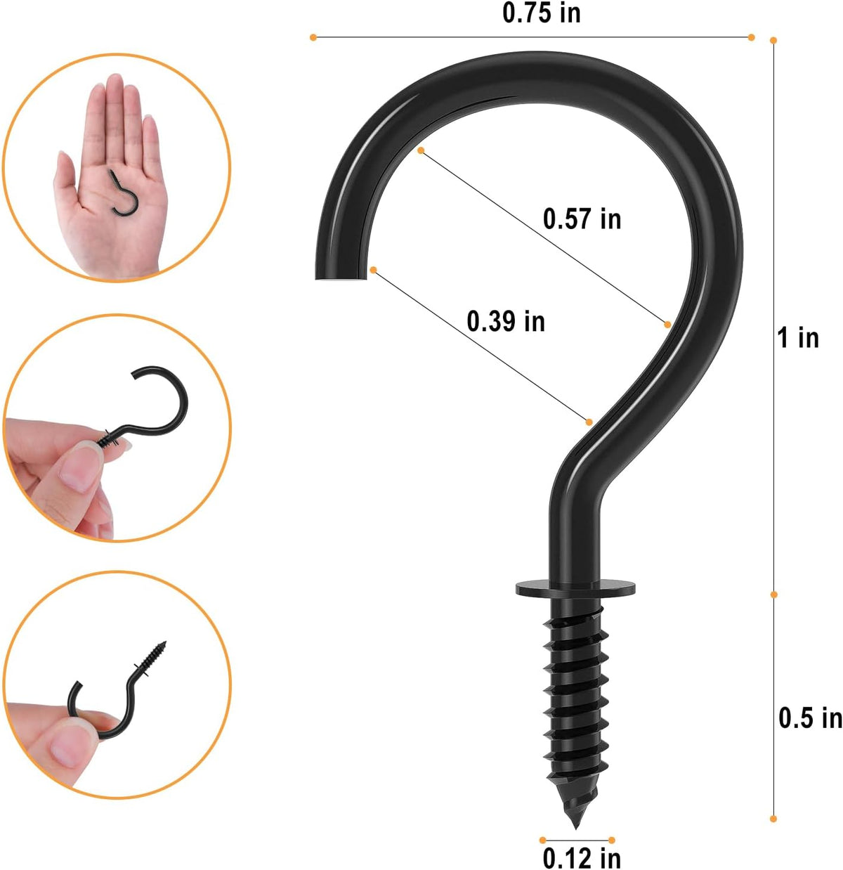 Screw Hooks, 1 Inch Metal Screw in Cup Hooks, Black, 100 Pcs
