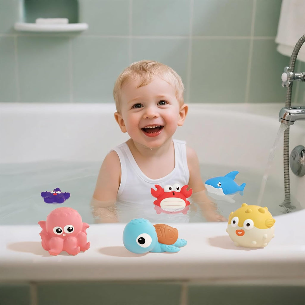 Bath Toys for Toddlers 6-12-18 Month, Bathtub Toys with 6 Baby Bath Animals, No-Hole Design Keeps Dry, Floating Toys